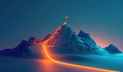 3d vector render of an isolated mountain with glowing light trail, flag on the top and path to it - obrazy, fototapety, plakaty