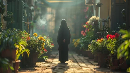 Foto op Aluminium A woman strolling through a flowerfilled alleyway lined with shrubs and plants © yuchen