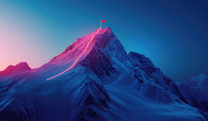 3d vector render of an isolated mountain with glowing light trail, flag on the top and path to it