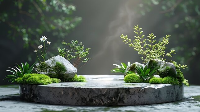 Natural Stone podium with plants in the blurred forest background AI generated