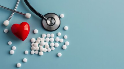 Stethoscope with white pills on blue background. Cardiologist’s Diagnosis Instruments. Heart Health, Cardiology Checkup