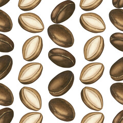 Seamless pattern of Argan tree seeds. Brown Argan nut with leaves. Watercolor illustration on a white background. Skin and hair care, vitamins in food and cosmetology. Template for packaging, textiles