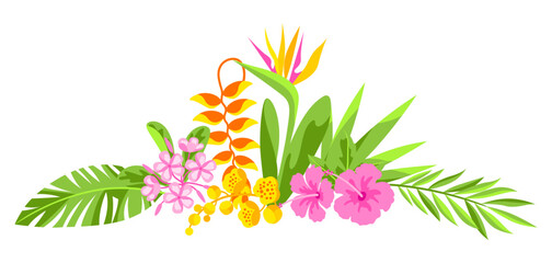 Background with tropical flowers. Decorative exotic foliage and plants. - 767716996