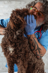 Veterinarian kissing a dog in the veterinary office