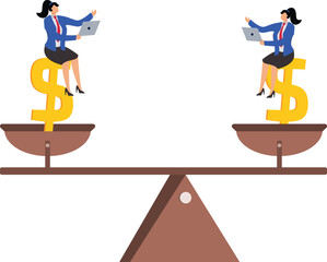 Economic and financial market or stock market price fluctuations, instability and problems in economic recovery, devaluation or appreciation of currency or wealth, two businessman sitting on a see-saw