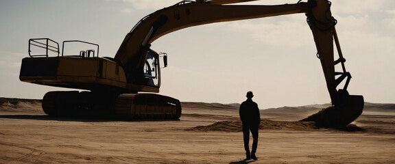 A silhouette of a person standing in front of a Excavator Loading Sand In Industrial Truck - obrazy, fototapety, plakaty