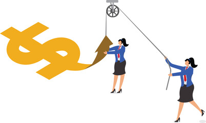 Changing direction, repelling risks or crises, improving or restoring strong economic trends, businesswomen work to drive and change the growth arrow of the dollar sign