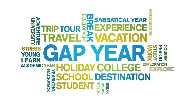 Gap Year animated word cloud;text design animation tag kinetic typography seamless loop.