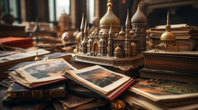 Close up book pages with images of different cultures, blurred background, copy space available