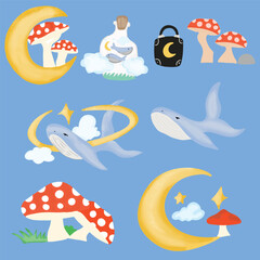 set of watercolor dream ocean habitat. whale in the moon, mushroom dream sky