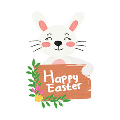 kawaii bunny white with easter egg and wooden sign