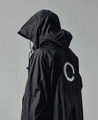A black rain jacket with the white 0 logo on it, worn by an adult male in his late twenties, against a gray background The hood is up and partially covering their head