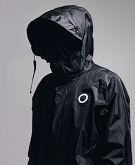 A black rain jacket with the white 0 logo on it, worn by an adult male in his late twenties, against a gray background The hood is up and partially covering their head