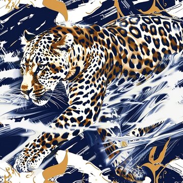 Leopard running, very cool, seamless fabric pattern. arts and crafts textile fashion black background fashionable wallpapers luxurious design collection spring nationals element shape backdrop Aztec	