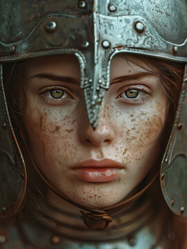 Portrait of Joan of Arc, Maid of Orleans with medieval helmet. Concept of Christian catholic faith. Joanne d'Arc