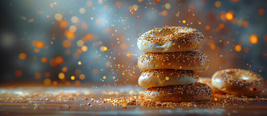 Gourmet Sesame Seed Bagels Piled with Sparkling Amber Bokeh Backdrop - AI-Generated