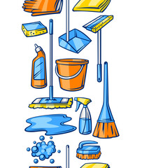 Pattern with cleaning items. Housekeeping background for service and advertising. - 767718963
