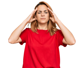 Hispanic young woman wearing casual red t shirt with hand on head for pain in head because stress. suffering migraine.