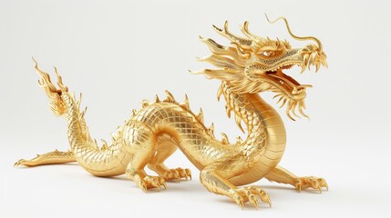 Fototapeta premium Chinese Golden Dragon on White Background. Gold, Traditional, Religion, Tradition, Holy, Wealth, Religious, Symbolic, Year, Luck, God, Monster, Faith, Figure, Feng, Shui, Tao 