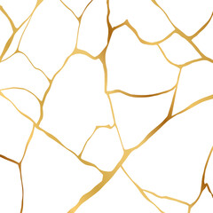Gold kintsugi crack repair marble texture vector illustration isolated on white background. Broken foil marble pattern with golden dry cracks. Wedding card, cover or pattern Japanese motif background. - obrazy, fototapety, plakaty