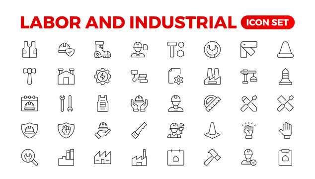 Labor and Industrial icon set. Line set of Engineer, Gear, and Gears mechanical machine icons. Manufacturing and Engineering line icon set. Production, Setting, Industrial Factory,  Labour,