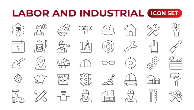 Labor and Industrial icon set. Line set of Engineer, Gear, and Gears mechanical machine icons. Manufacturing and Engineering line icon set. Production, Setting, Industrial Factory,  Labour,