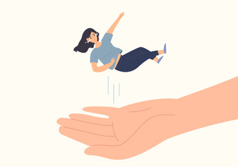 Sad female is falling and crying with supported hand. Concept of helping mental health disorder patient. Support and care about depressed person. Listen and soothe intimate. Flat vector illustration.