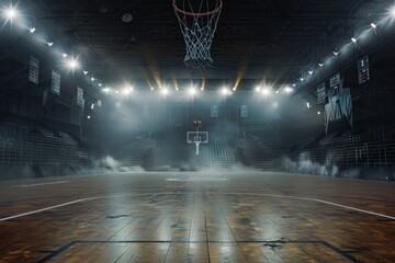 Empty basketball arena stadium sports ground with flashlights and fan sits - obrazy, fototapety, plakaty