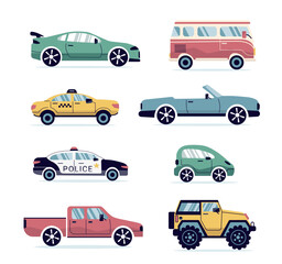 A set of modern cars. Taxi, police, convertible, pickup truck. Bus, SUV, small car. Urban types of cars in a flat style. for the web, print, banner. vector art  illustration.