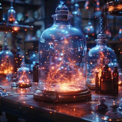 In an alchemist's lab, a quantum computer harnesses superposition to brew transformative magic potions, a true breakthrough,  - obrazy, fototapety, plakaty