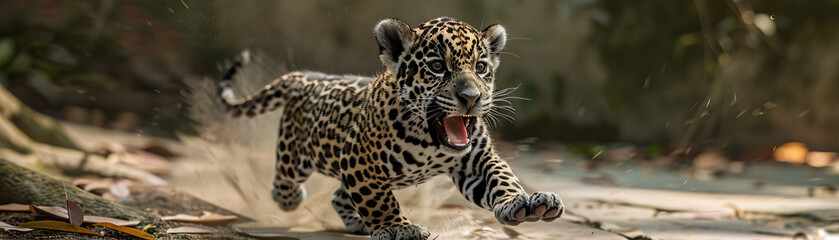 Jubilant Jaguar Cub Playfully Pouncing - Amazonian Joy
