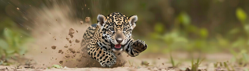 Obraz premium Jubilant Jaguar Cub Playfully Pouncing - Amazonian Joy