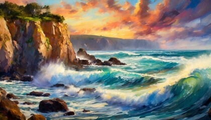 an eye-catching wall art poster showcasing the breathtaking beauty of a coastal seascape, with rolling waves crashing against rocky cliffs under a majestic sky. Utilize dynamic composition and bold br - obrazy, fototapety, plakaty