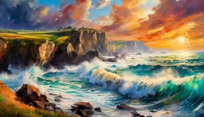 sunset over the sea.an eye-catching wall art poster showcasing the breathtaking beauty of a coastal seascape, with rolling waves crashing against rocky cliffs under a majestic sky. Utilize dynamic com