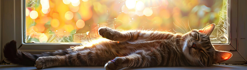 Contented Cat Lounging in a Sunlit Window - Lazy Afternoon Bliss - obrazy, fototapety, plakaty