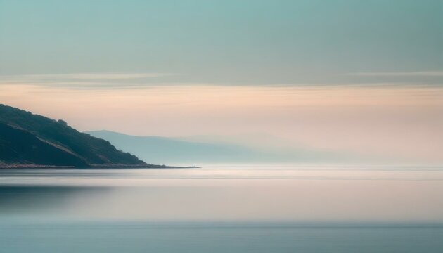 a minimalist and modern nature poster wall art featuring a serene coastal view, with calm waters stretching to the horizon under a pastel sky. Keep the composition simple and elegant, using clean line