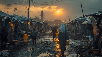 A woman walks through a muddy slum street at sunset under a cloudy sky