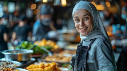 a woman in a hijab is standing in front of a buffet table