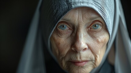 a close up of an elderly woman wearing a hijab