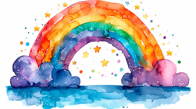 Watercolor clipart with a rainbow and clouds. An illustration of a watercolor painting. Graphics for children's decor.