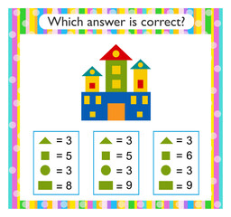 Math activity for kids. Find the correct answer. Cartoon castle.
