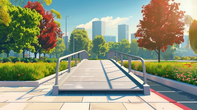 2D flat illustration of wheelchair ramp along sidewalk, accessible design, bright day, simplified colors, urban backdrop , ultra HD