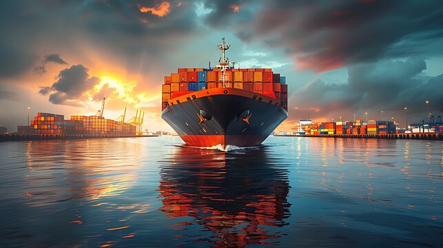 Front view of a large loaded container cargo ship traveling over open ocean background AI generated
