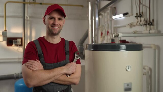 A skilled tradesman with a friendly demeanor stands confidently in a residential basement, ready to conduct maintenance or repair work on a large home boiler system. Wearing a red cap and work