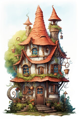 Illustration of a fairytale house with a lot of details. Tales of European peoples. Generative AI tools - obrazy, fototapety, plakaty