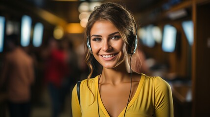 Happy call center woman with crm, wearing headset and mockup space in customer service concept