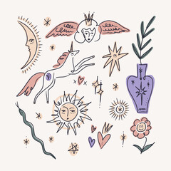 Boho funny groovy whimsical cute stylish freaky cool funny doodle stellar characters. Hand-drawn set of crescent moon, angel, unicorn space horse, sun with face, comets and sacred heart and vase - 767723397