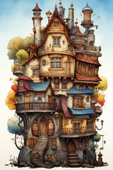Illustration of a fairytale house with a lot of details. Tales of European peoples. Generative AI tools - obrazy, fototapety, plakaty