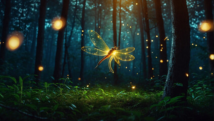 A glowing butterfly in a dark forest at night with many fireflies. - obrazy, fototapety, plakaty
