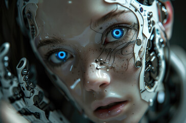 A humanoid robot with blue eyes and white skin, with half of its face covered in intricate silver patterns